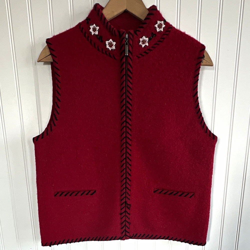 ALPS Women's Red 100% Wool Collared Zip Front Vest Embroidered Size M